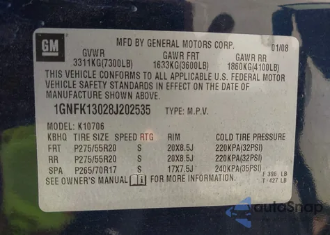 2008 Chevrolet Tahoe Lt z USA, uszkodzony, nr VIN 1GNFK13028J202535